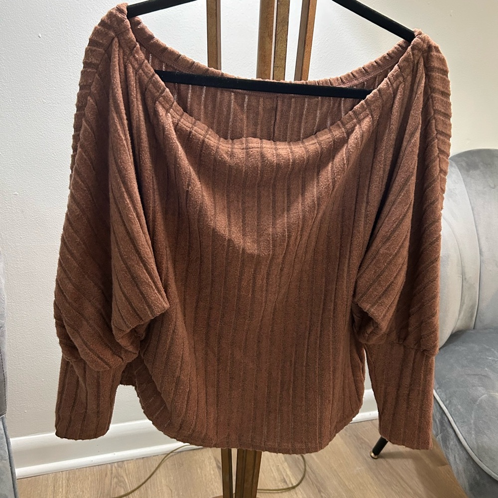SHEIN Curve Brown Off-the-Shoulder Sweater with Ribbed Knit